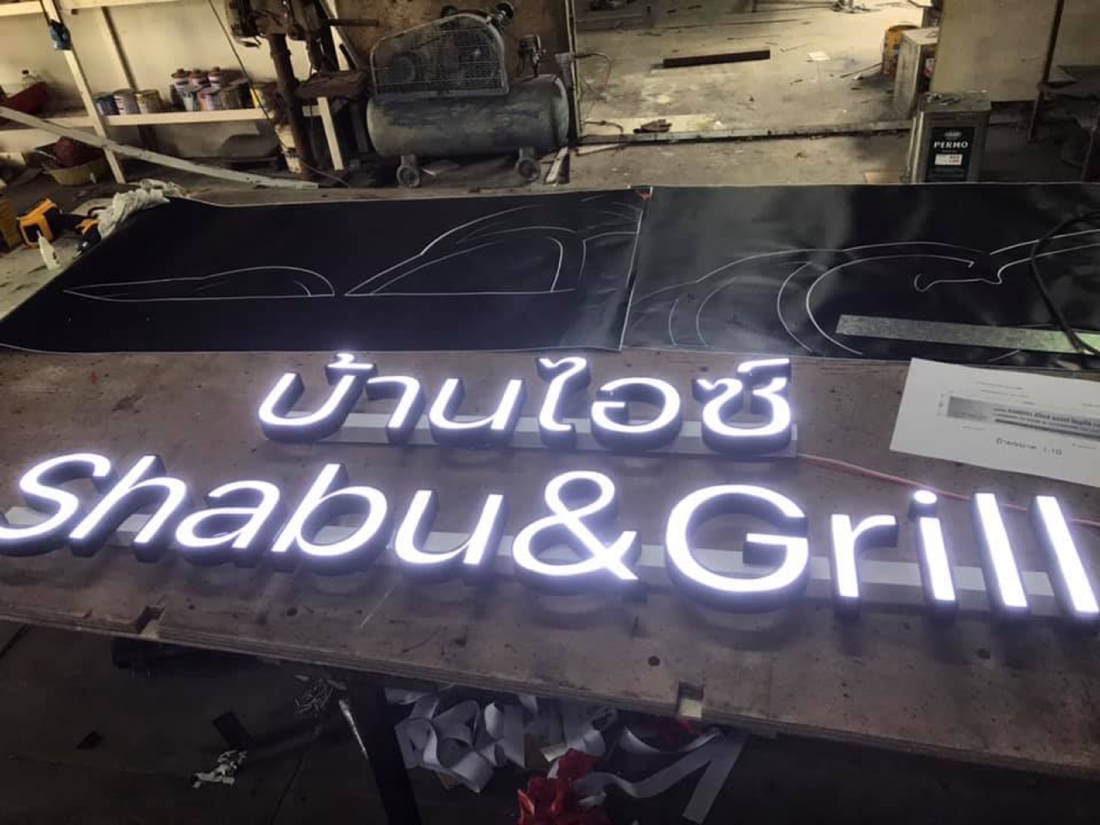 Shabu & Grill illuminated channel letters in the Mommy Signage workshop